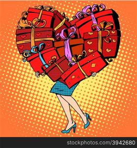 The woman with gifts Valentines day pop art retro style. Love romance and relationships. Box gift heart shaped. Discounts and holiday sales. Wedding and birthday. The woman with gifts Valentines day