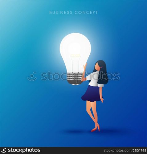 The women touch the lamp. Creative thinking and idea concept. Vector illustration.