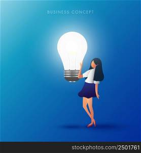 The women touch the lamp. Creative thinking and idea concept. Vector illustration.