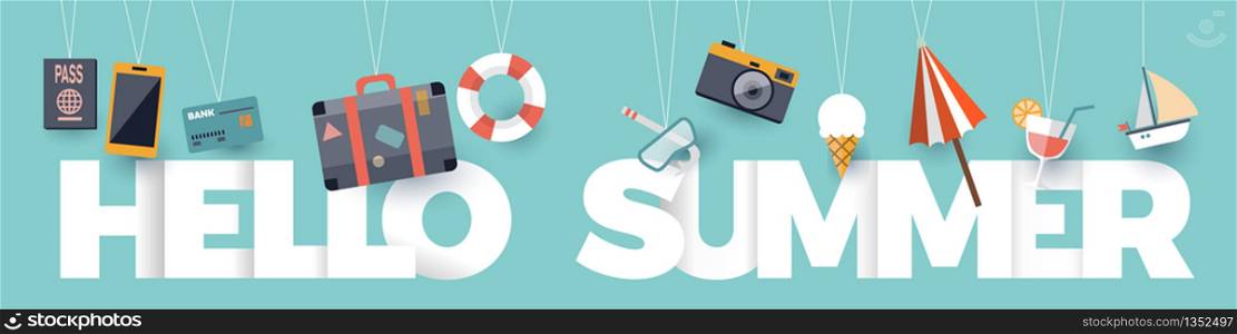 The word Hello Summer. Vector banner with the text colored rainbow.