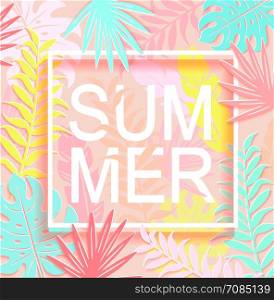 The word summer is surrounded by tropical leaves and square frame. Template for your design. Vector illustration.. The word summer is surrounded by tropical leaves.