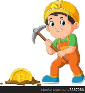 The worker boy is mining bitcoin with pickaxe in the ground
