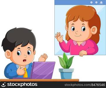 The worker boy is presenting and showing with a girl hand waving
