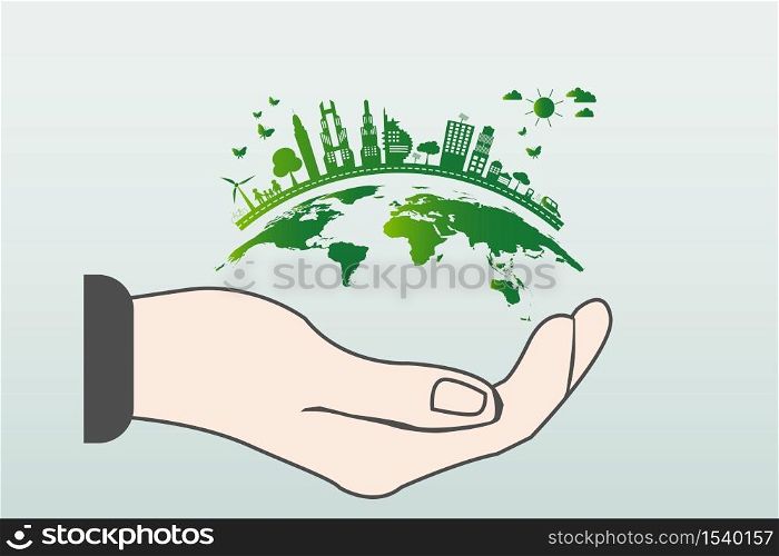 The world in your hands ecology concept.Green cities help the world with eco-friendly concept idea.with globe and tree background,vector illustration