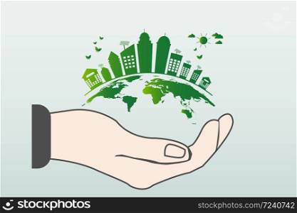The world in your hands ecology concept.Green cities help the world with eco-friendly concept idea.with globe and tree background,Vector llustration