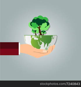 The world in your hands ecology concept.Green cities help the world with eco-friendly concept idea.with globe and tree background.vector illustration