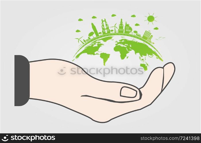 The world in your hands ecology concept.Green cities help the world with eco-friendly concept idea.with globe and tree background,Vector illustration