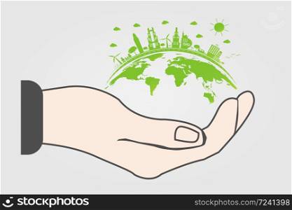 The world in your hands ecology concept.Green cities help the world with eco-friendly concept idea.with globe and tree background,Vector illustration