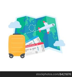 The world map is pinned to plan travel by international airlines. with luggage and plane tickets
