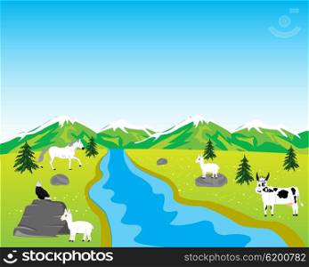 The Year landscape with river and animal.Vector illustration. Field with animal