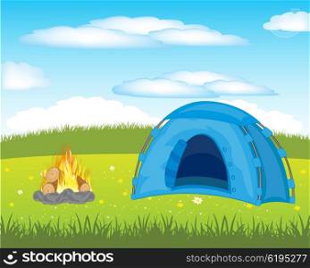 The Year rest in tent on meadow.Vector illustration. Tent on meadow