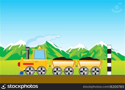 The Yellow freight train goes to mountain.Vector illustration. Cargo locomotive in mountain