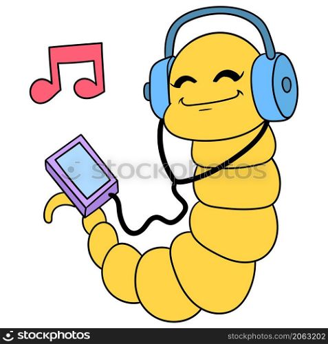 the yellow snake uses headphone to enjoy musical entertainment from a smartphone