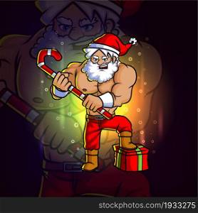 The young santa with the gift and candy stick esport mascot design