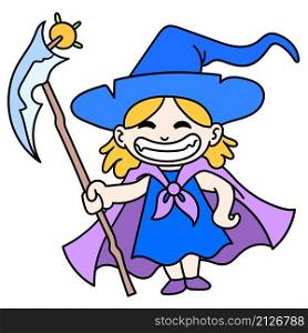 the young witch using the magic wand laughed happily