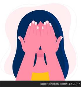 The young woman covered her face with her hands.Emotional and psychological problems.Embarrassment.Tears and crying.Flat vector stock illustration