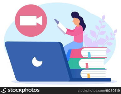 The young woman is studying at home with his laptop with a pile of books and a PC in the background. E-learning, webinars, online video training, distance education concepts. Modern vector illustration.