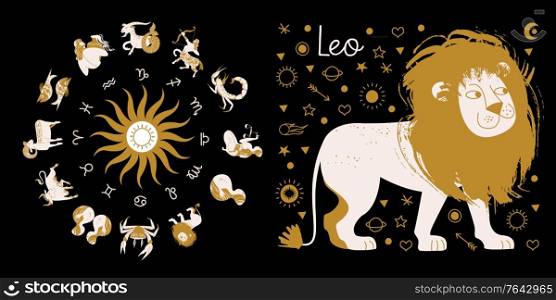 The zodiac sign Leo. Full horoscope in the circle. Horoscope wheel zodiac with twelve signs vector. Aries; Taurus; Gemini; Cancer; Leo; Virgo; Libra; Scorpio; Sagittarius; Capricorn; Aquarius, Pisces. The zodiac sign Leo. Horoscope and astrology. Full horoscope in the circle. Horoscope wheel zodiac with twelve signs vector.