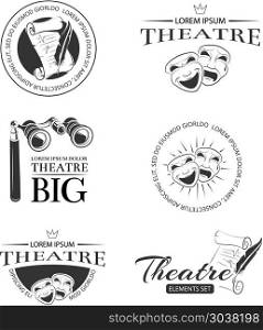 Theater acting entertainment performance vector retro labels, emblems, badges and logo. Theater acting entertainment performance vector retro labels, emblems, badges and logo. Emblem logo for theatre, comedy theatre logo, scenario paper theatre performance theatre logotype illustration