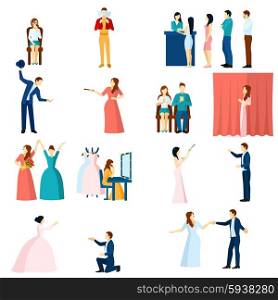Theater acting flat icons collection with final love scene performance and audience applause abstract isolated vector illustration. Theater actors flat icons set
