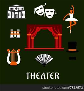 Theater and art flat icons of stage with red front curtain, drama and comedy masks, harp, theater building, dancing ballerina, opera glasses, hand fan and top hat with tie bow. Theater and art flat icons
