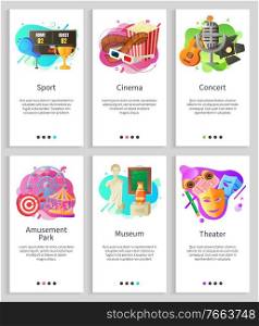 Theater and concert vector, sport and museum, amusement park and cinema relaxation, attraction and things to do on weekends, musical performance. Website or slider app, landing page flat style. Museum and Sport, Cinema and Concert Vector Set