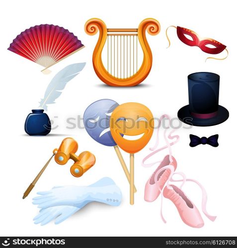 Theater Background Flat Icons Set. Theater symbols flat icons set with ballet point shoes and old-fashioned binocular abstract isolated vector illustration
