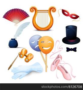 Theater Background Flat Icons Set. Theater symbols flat icons set with ballet point shoes and old-fashioned binocular abstract isolated vector illustration