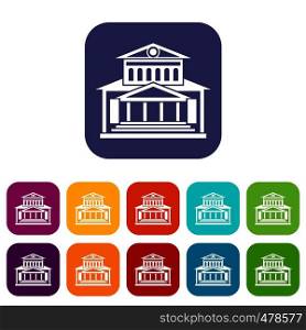 Theater building icons set vector illustration in flat style in colors red, blue, green, and other. Theater building icons set
