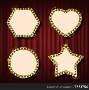 Theater curtain backdrop and blank frame with l&s. Round framework, concert or show banner template, evening event, light framing and textile. Geometrical glowing frame set on red curtain background. Blank Frame with L&s, Theater Curtain Backdrop