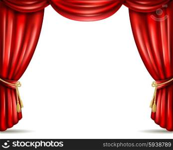 Theater curtain open flat banner illustration. Opera house theater front stage iconic open red curtain drapery from heavy velour banner abstract vector illustration