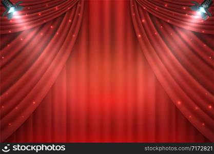 Theater curtains background. Realistic red velours open drapes, 3D realistic movie award stage. Vector illustration entertainment shows premiere template with spotlight. Theater curtains background. Realistic red drapes, 3D realistic movie award stage. Vector entertainment shows premiere template