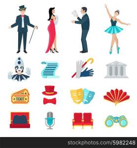 Theater flat icons set with drama and music performance symbols isolated vector illustration. Theater Icons Set