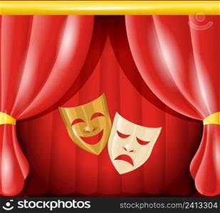 Theater happy and sad masks on red curtain background vector illustration