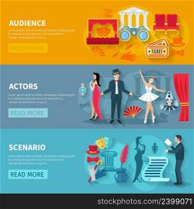 Theater horizontal banner set with audience actors flat elements isolated vector illustration. Theater Banner Set