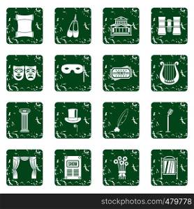 Theater icons set in grunge style green isolated vector illustration. Theater icons set grunge