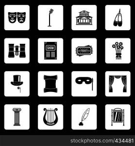 Theater icons set in white squares on black background simple style vector illustration. Theater icons set squares vector