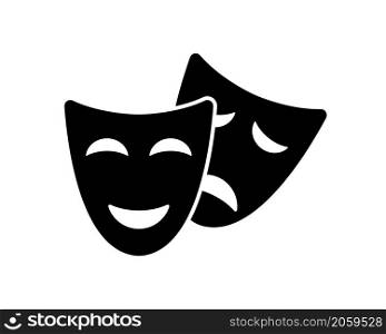 Theater mask. Drama and comedy theatre mask. Icon of actor in masquerade. Pictogram of culture. Logo of entertainment, art and tragedy. Vector black silhouette.