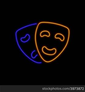 Theater masks neon sign. Bright glowing symbol on a black background. Neon style icon.