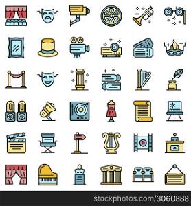 Theater museum icons set. Outline set of theater museum vector icons thin line color flat on white. Theater museum icons set vector flat