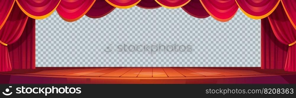 Theater or cinema scene with curtains and wooden floor isolated on transparent background.Movie theatre interior with stage, red velvet drapes and empty backdrop, vector cartoon illustration. Theater or cinema scene isolated on background