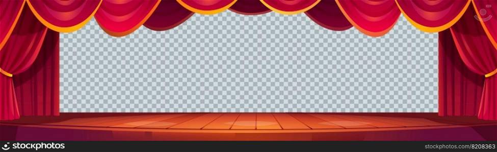 Theater or cinema scene with curtains and wooden floor isolated on transparent background.Movie theatre interior with stage, red velvet drapes and empty backdrop, vector cartoon illustration. Theater or cinema scene isolated on background