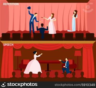 Theater performance 2 flat banners composition. Final rehearsal presentation and stage performance love scene 2 flat horizontal banners poster abstract isolated vector illustration