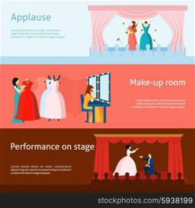 Theater performance flat banners set. Audience applause after performance and theater backstage dressing room flat horizontal banners collection abstract isolated vector illustration