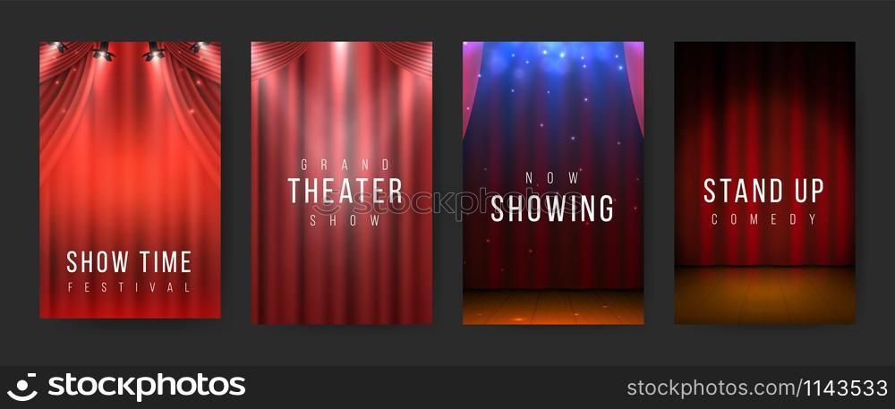 Theater posters. Red curtains stage flyers, vintage scene textile. Vector illustration night show banners or poster set with spotlight for presentation or show. Theater posters. Red curtains stage flyers. Vector night show banners set