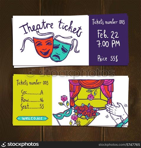 Theater premiere stage performance hand drawn ticket set isolated vector illustration
