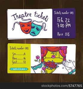 Theater premiere stage performance hand drawn ticket set isolated vector illustration