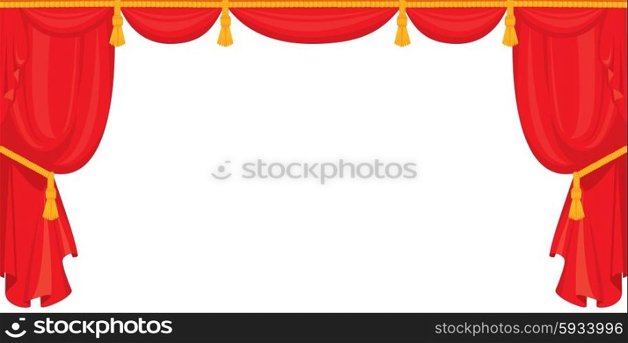Theater red velvet curtain for stage in retro style, isolated on white background.