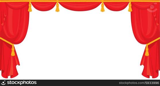 Theater red velvet curtain for stage in retro style, isolated on white background.