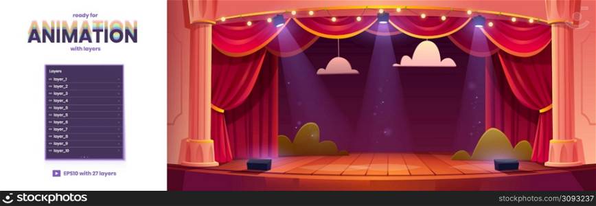 Theater stage cartoon background for game animation with 2d separated layers. Red curtains, decoration and spotlights at theatre interior with wooden scene. Parallax slidescroll Vector illustration. Theater stage cartoon background for animation